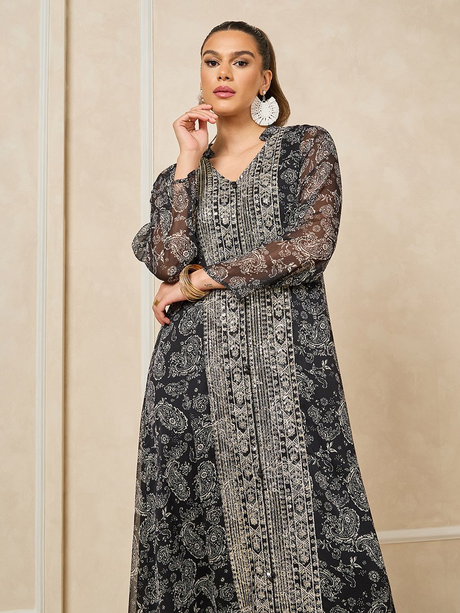 Printed V-Neck Embroidered A-Line Jalabiya
