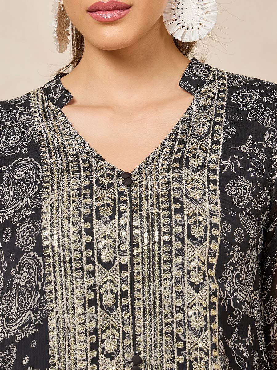 Printed V-Neck Embroidered A-Line Jalabiya