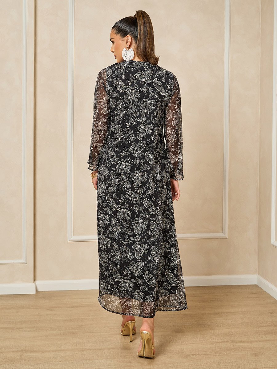 Printed V-Neck Embroidered A-Line Jalabiya