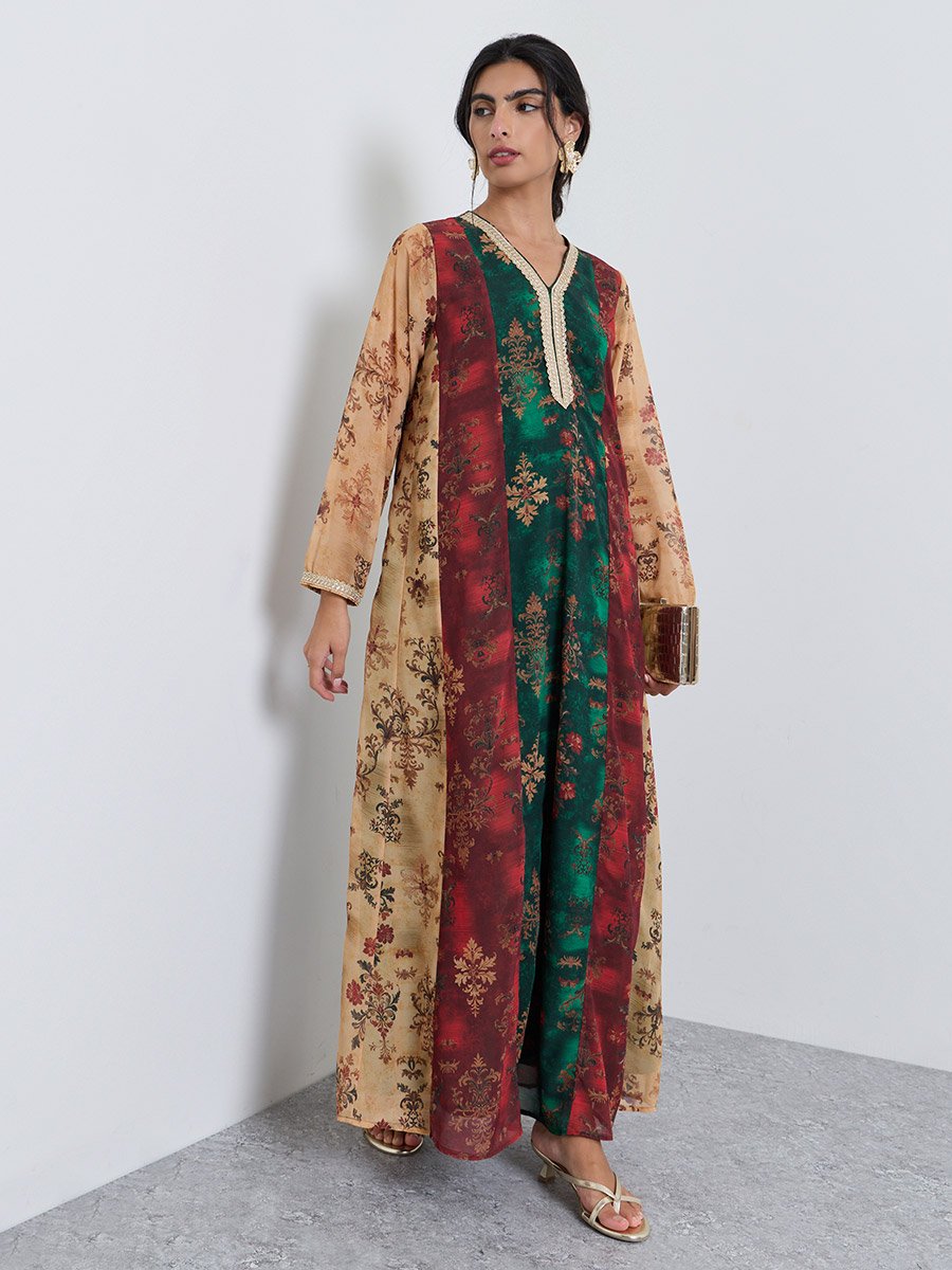 Color Block Printed Jalabiya with Lace Trim Detail