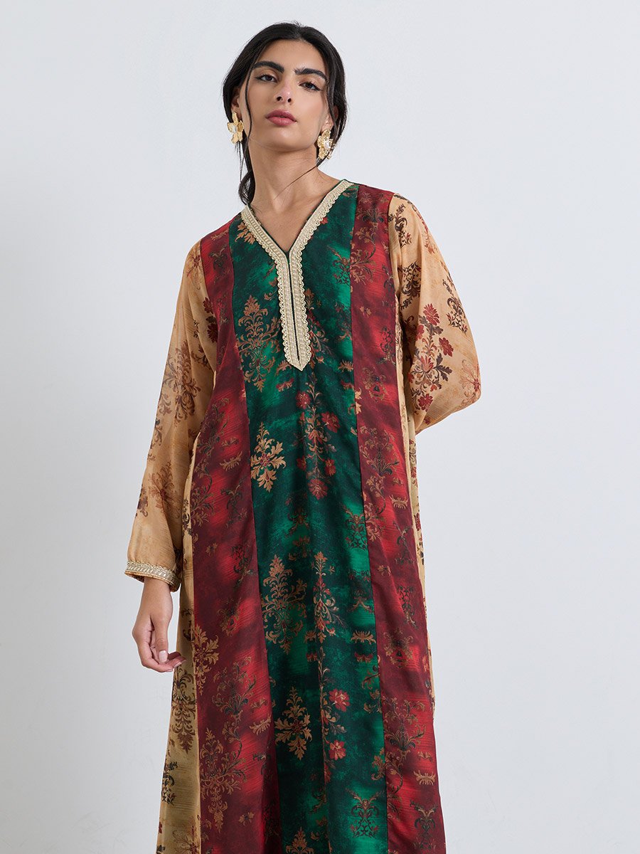 Color Block Printed Jalabiya with Lace Trim Detail