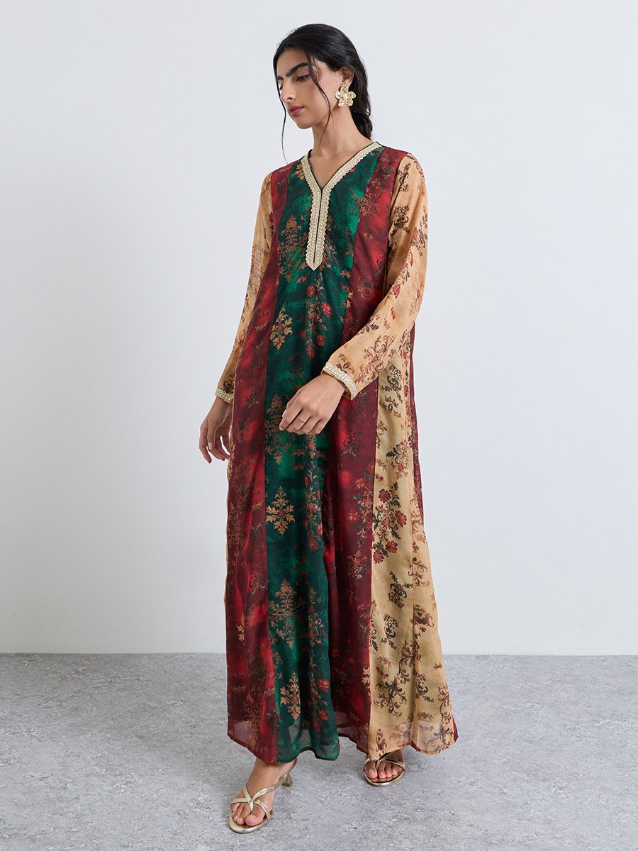Color Block Printed Jalabiya with Lace Trim Detail