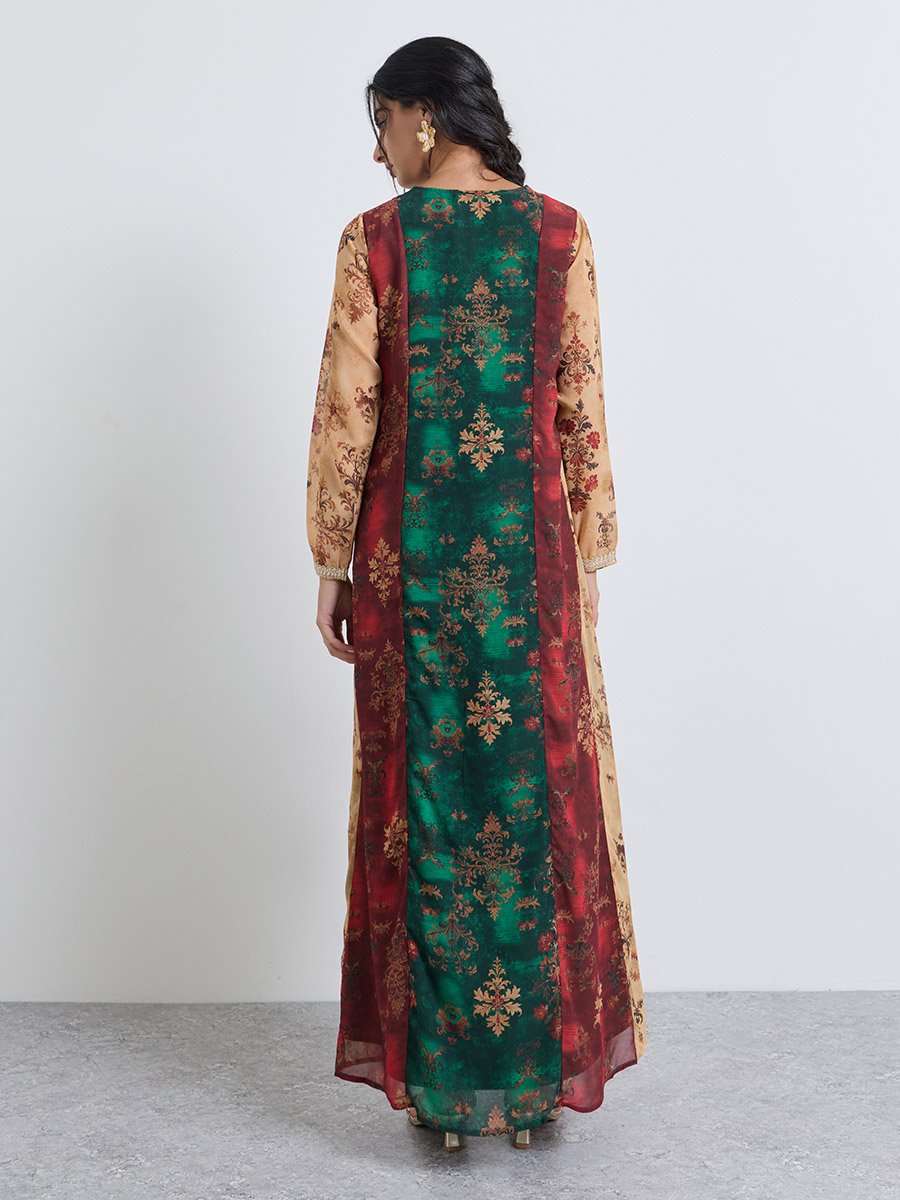 Color Block Printed Jalabiya with Lace Trim Detail