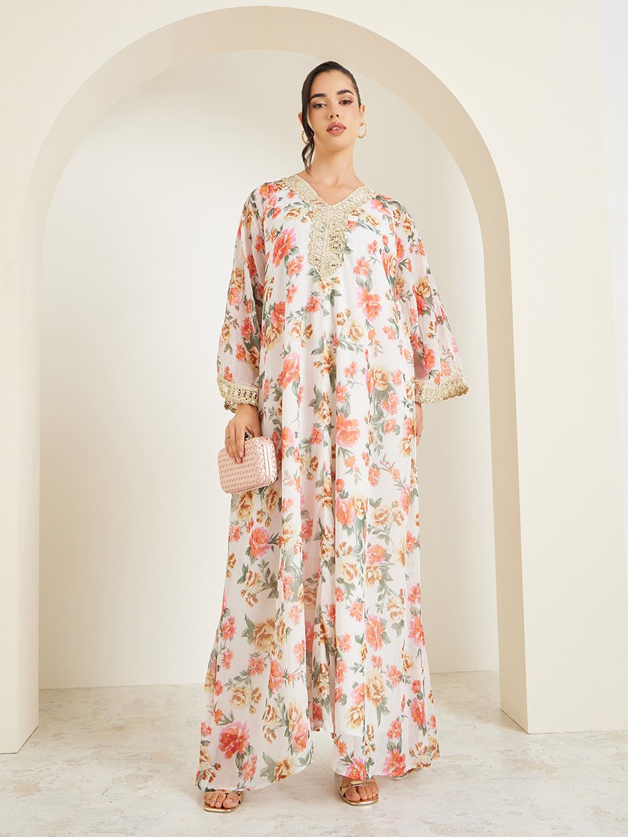 Floral Print Lace Trim V-Neck Flared Jalabiya