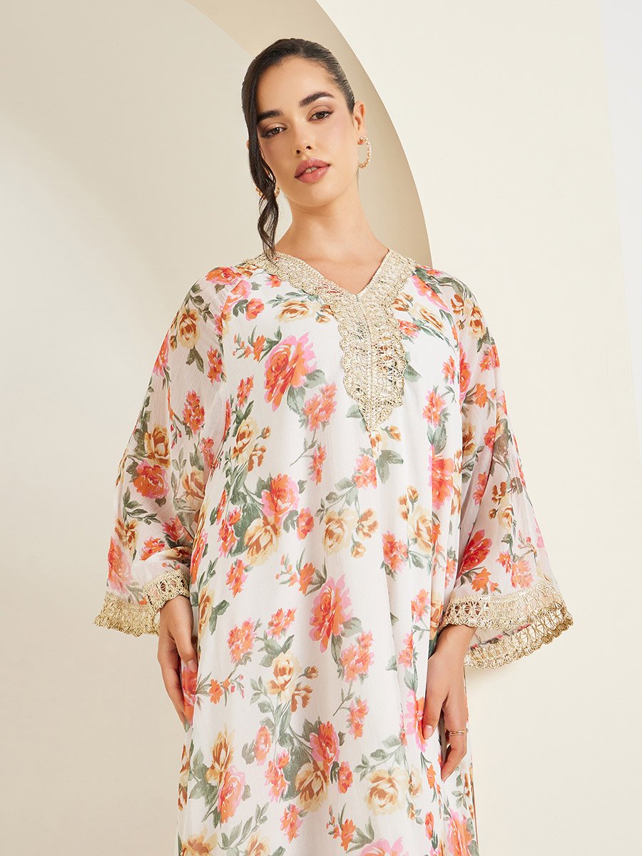 Floral Print Lace Trim V-Neck Flared Jalabiya