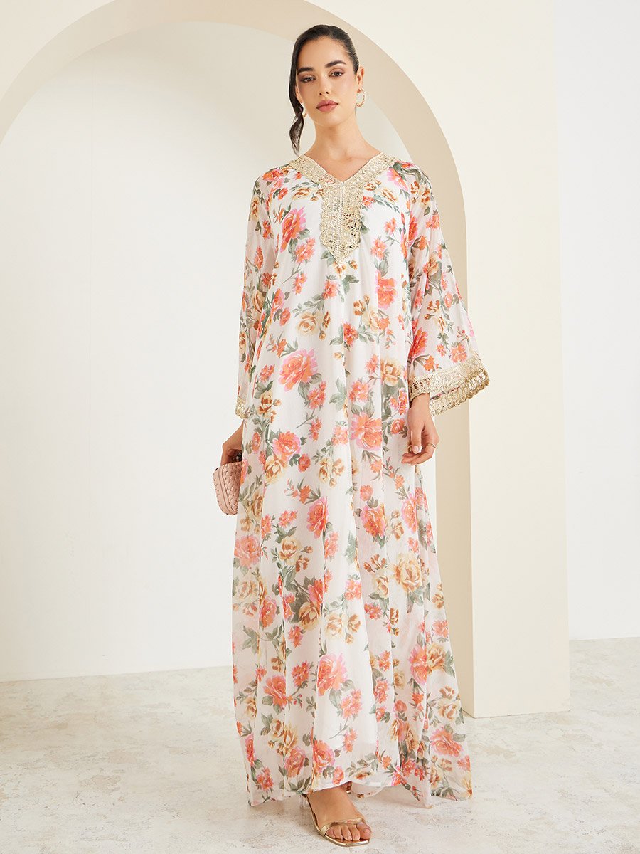 Floral Print Lace Trim V-Neck Flared Jalabiya