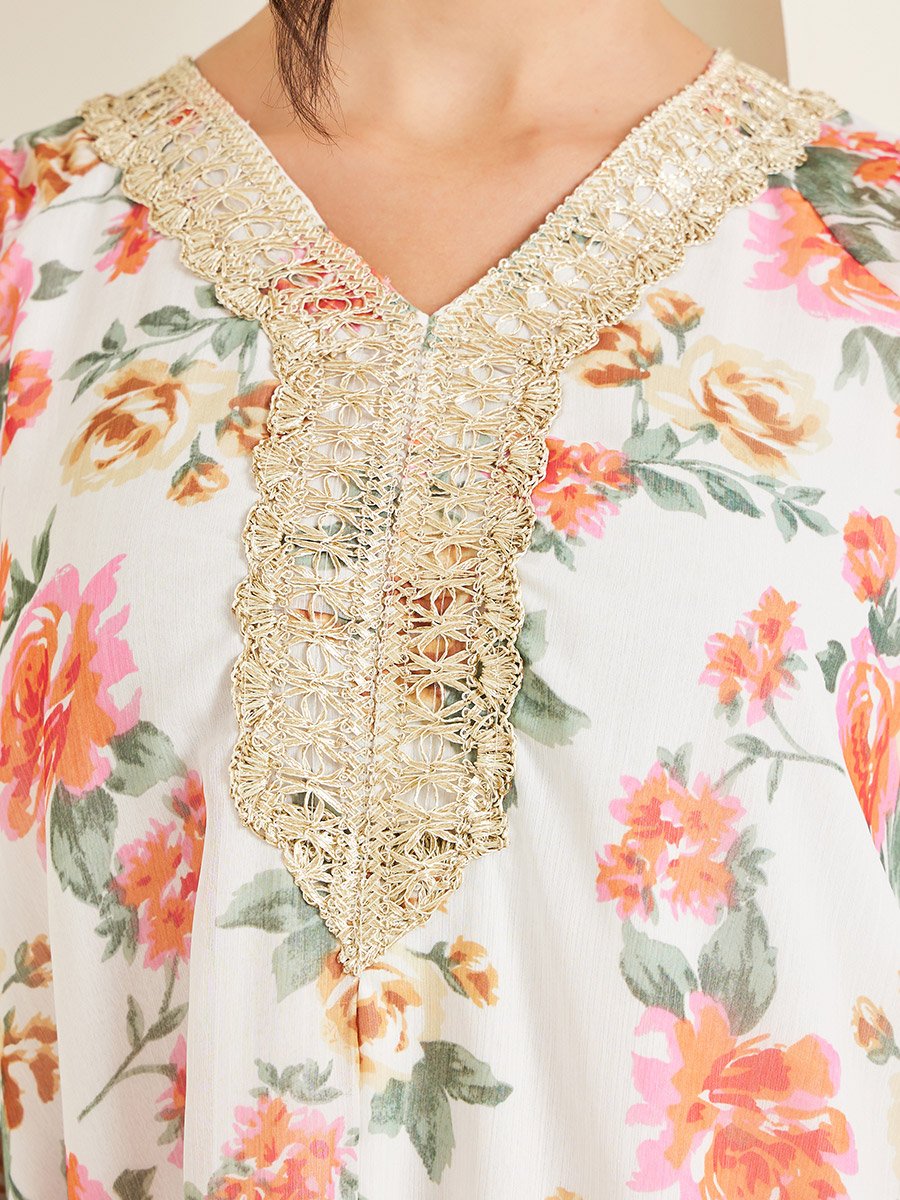 Floral Print Lace Trim V-Neck Flared Jalabiya