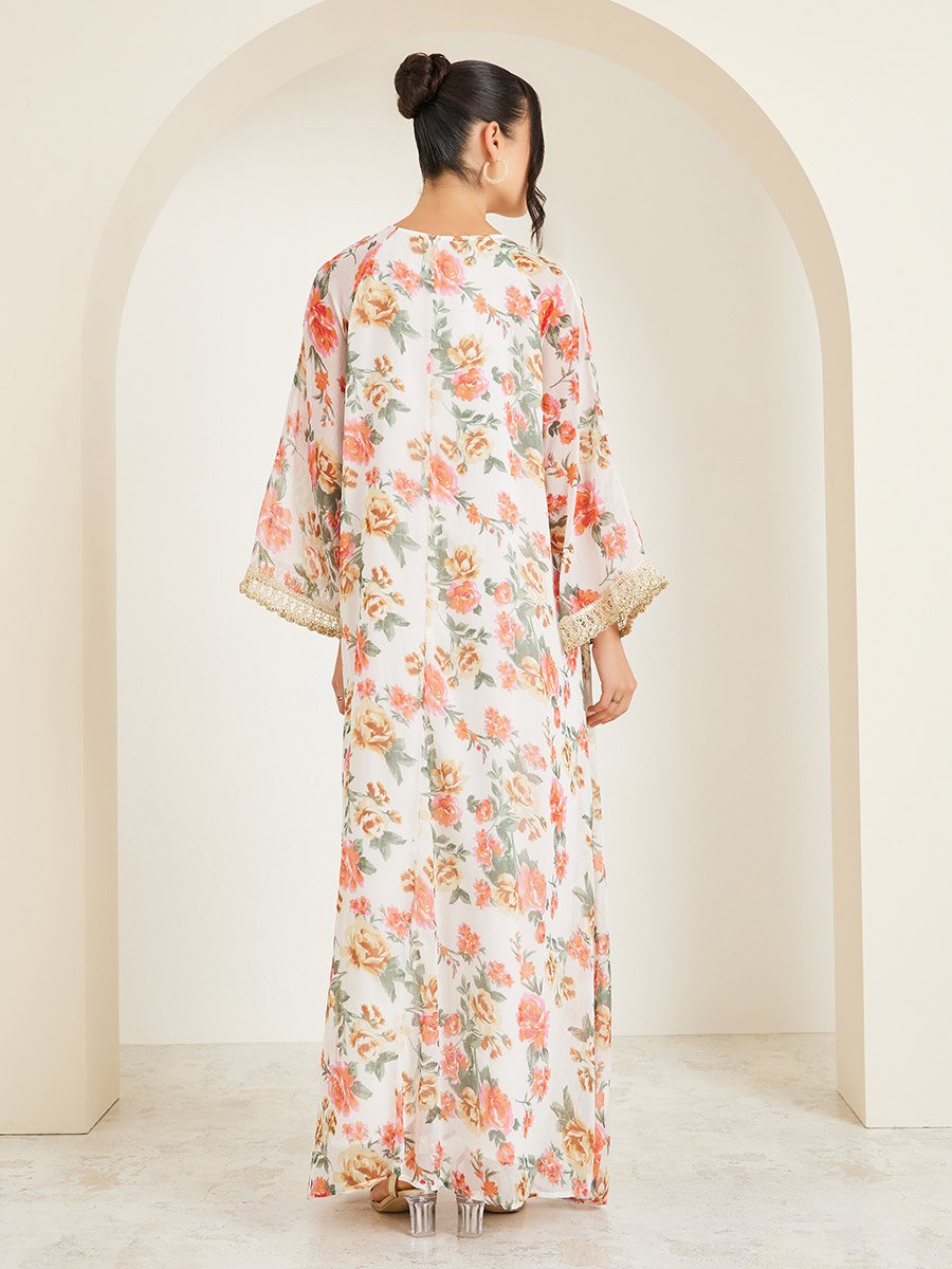Floral Print Lace Trim V-Neck Flared Jalabiya