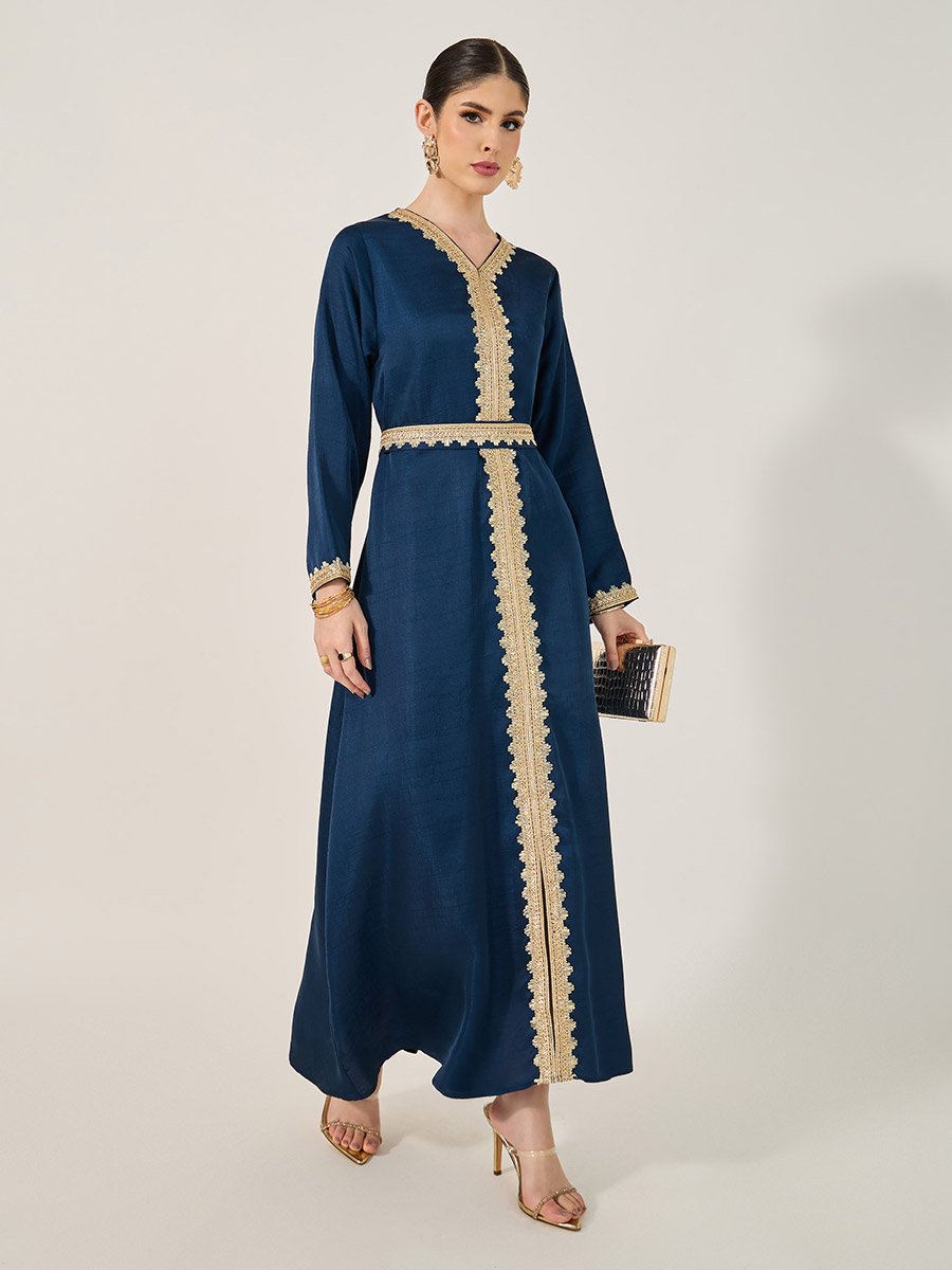 Lace Detail V-Neck A-Line Belted Kaftan