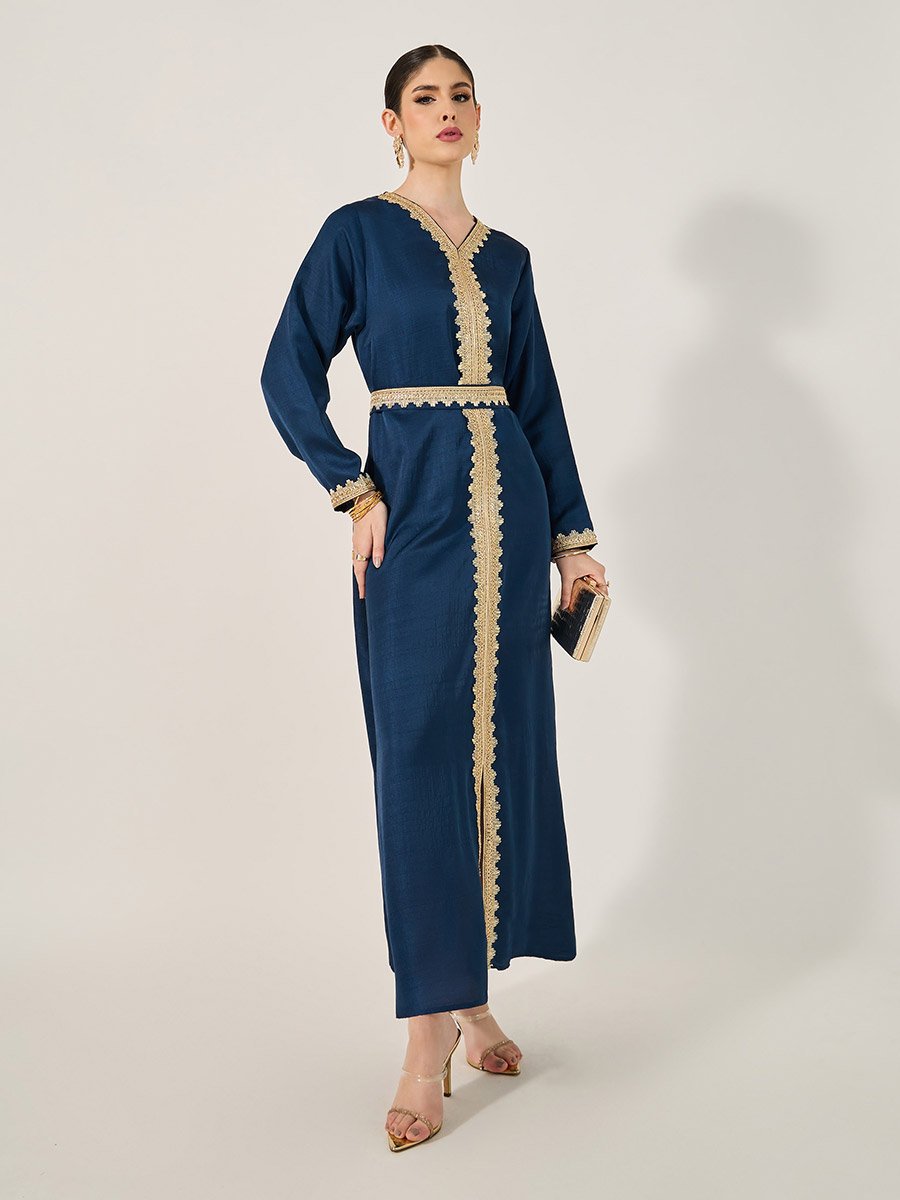 Lace Detail V-Neck A-Line Belted Kaftan