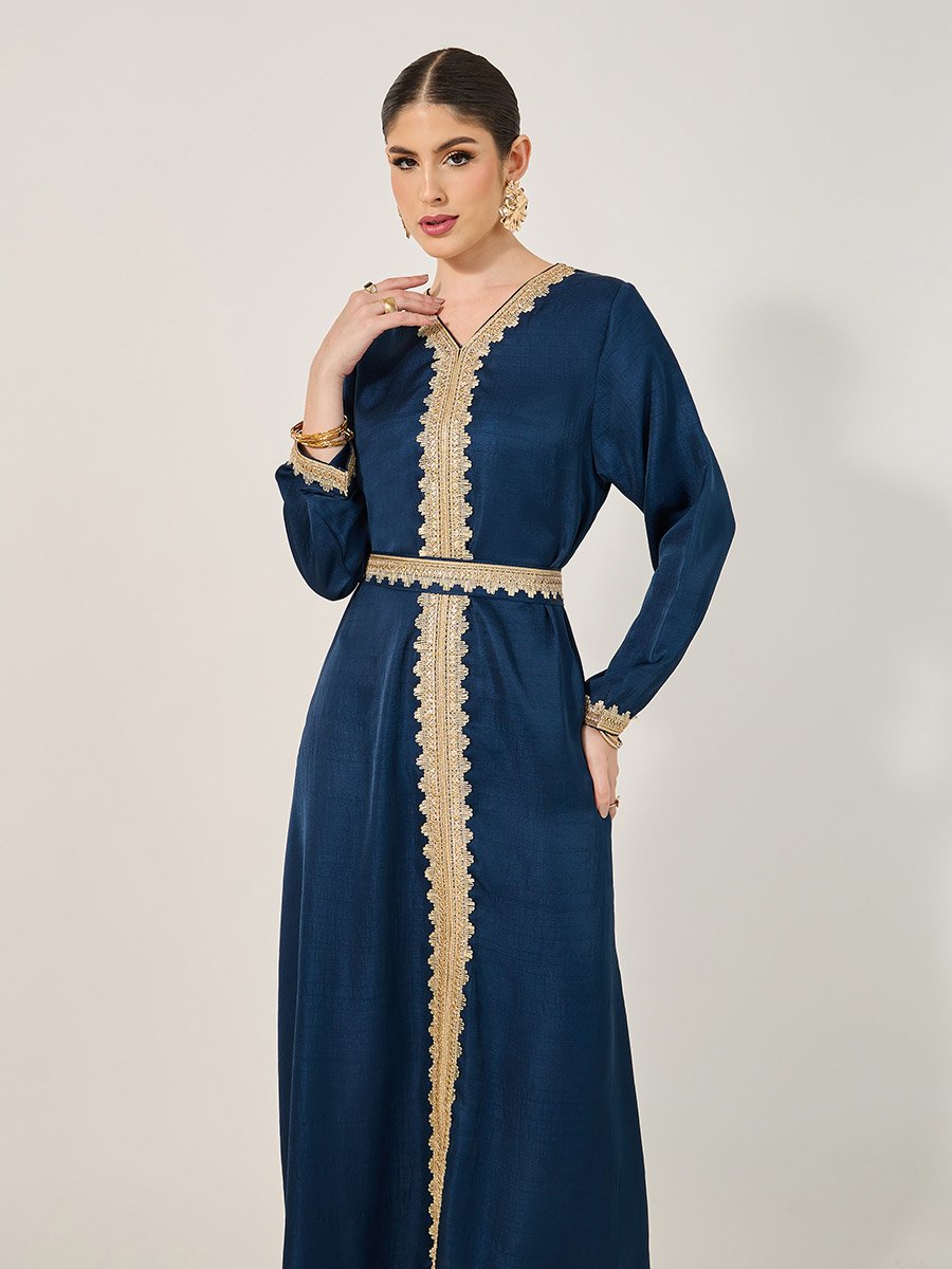 Lace Detail V-Neck A-Line Belted Kaftan