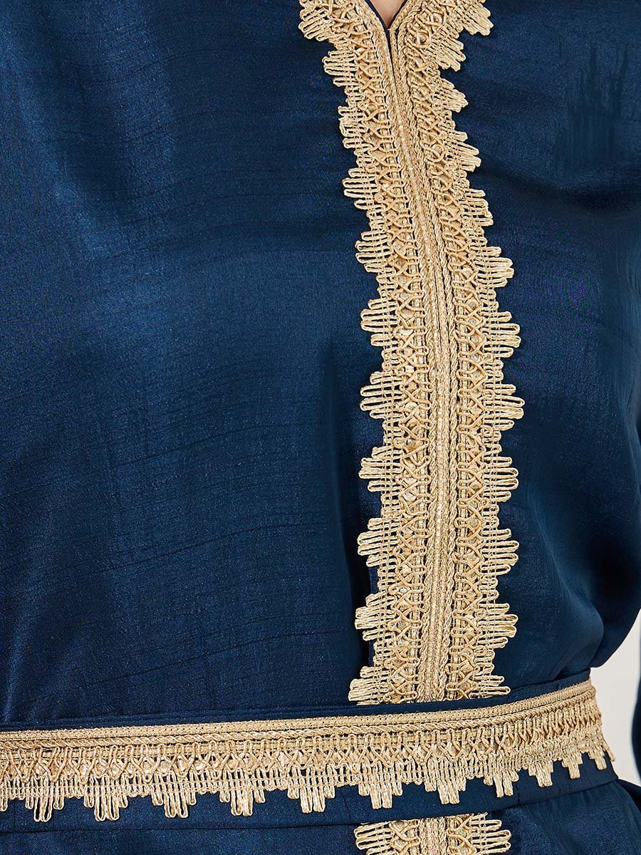 Lace Detail V-Neck A-Line Belted Kaftan