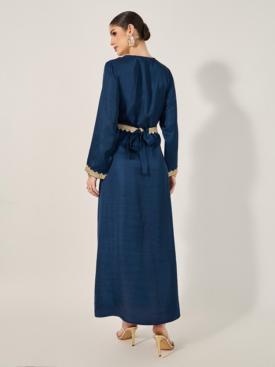 Lace Detail V-Neck A-Line Belted Kaftan