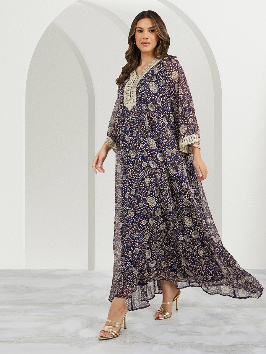 All-Over Print V-Neck Jalabiya with Lace Detail