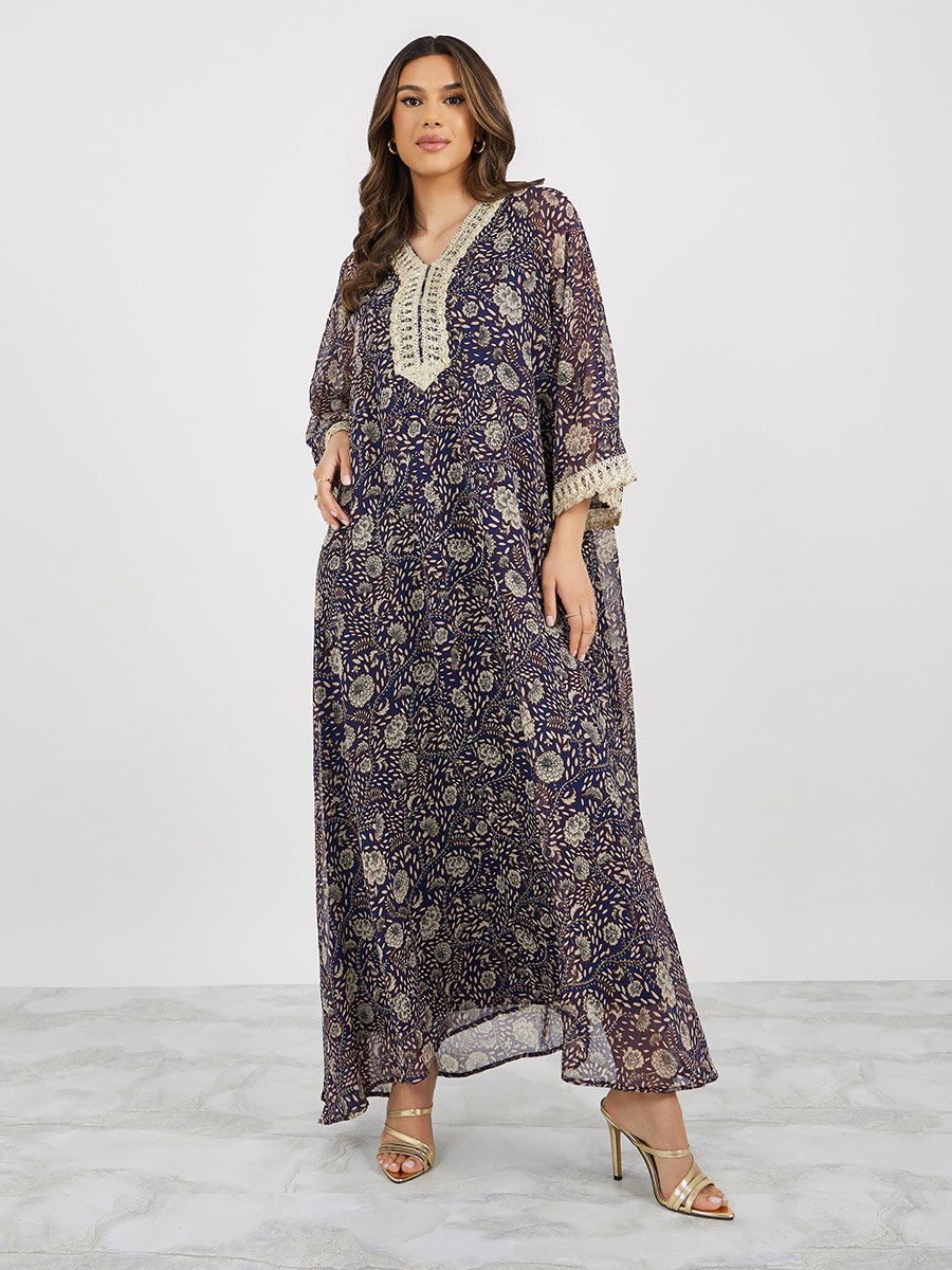 All-Over Print V-Neck Jalabiya with Lace Detail