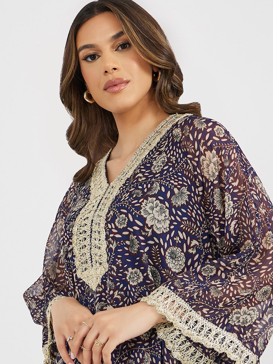 All-Over Print V-Neck Jalabiya with Lace Detail
