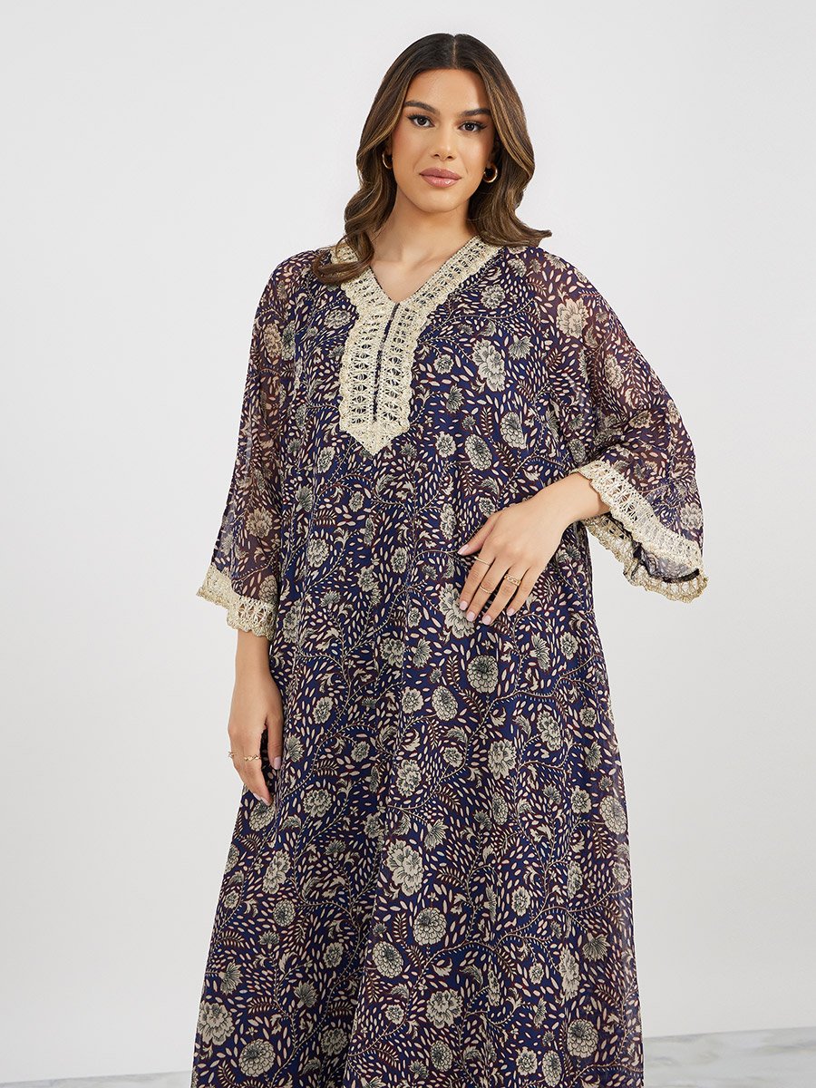 All-Over Print V-Neck Jalabiya with Lace Detail