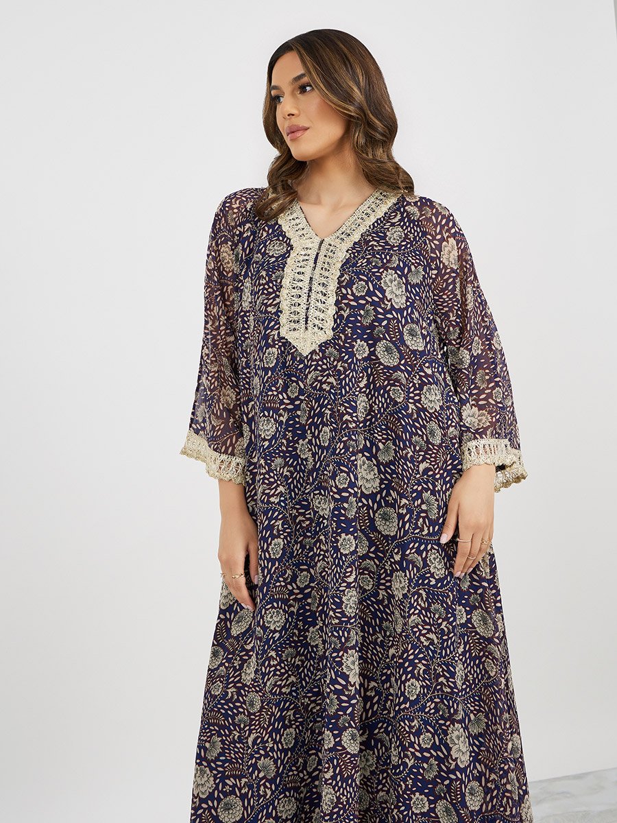 All-Over Print V-Neck Jalabiya with Lace Detail