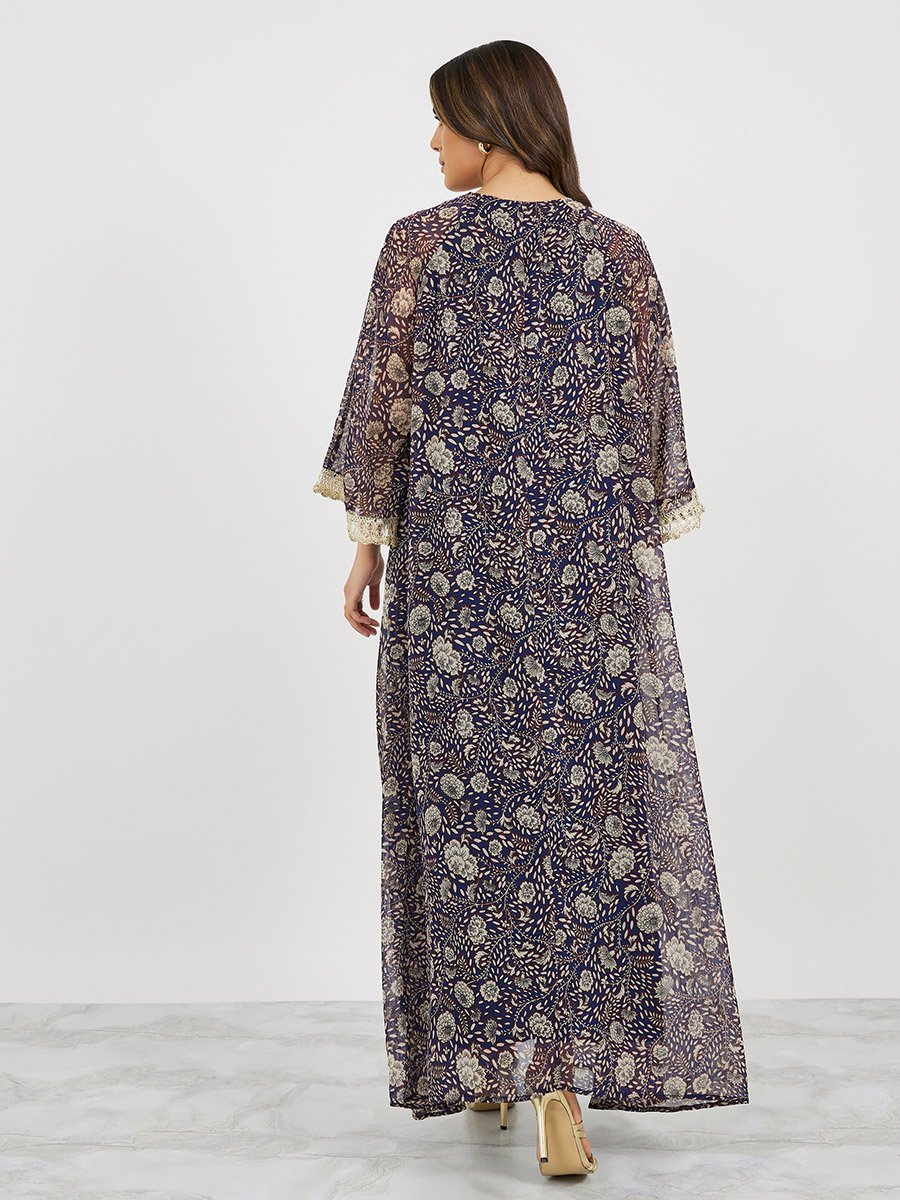 All-Over Print V-Neck Jalabiya with Lace Detail