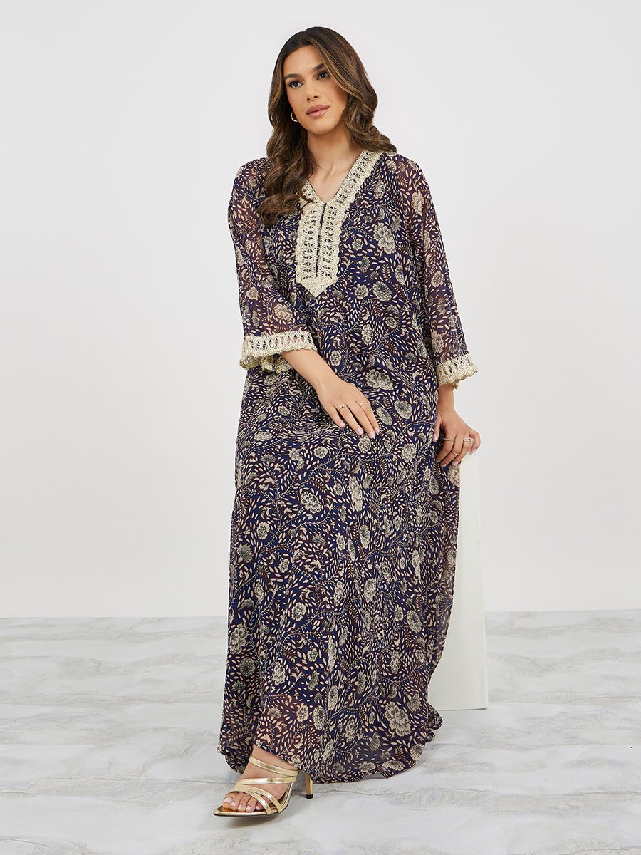 All-Over Print V-Neck Jalabiya with Lace Detail