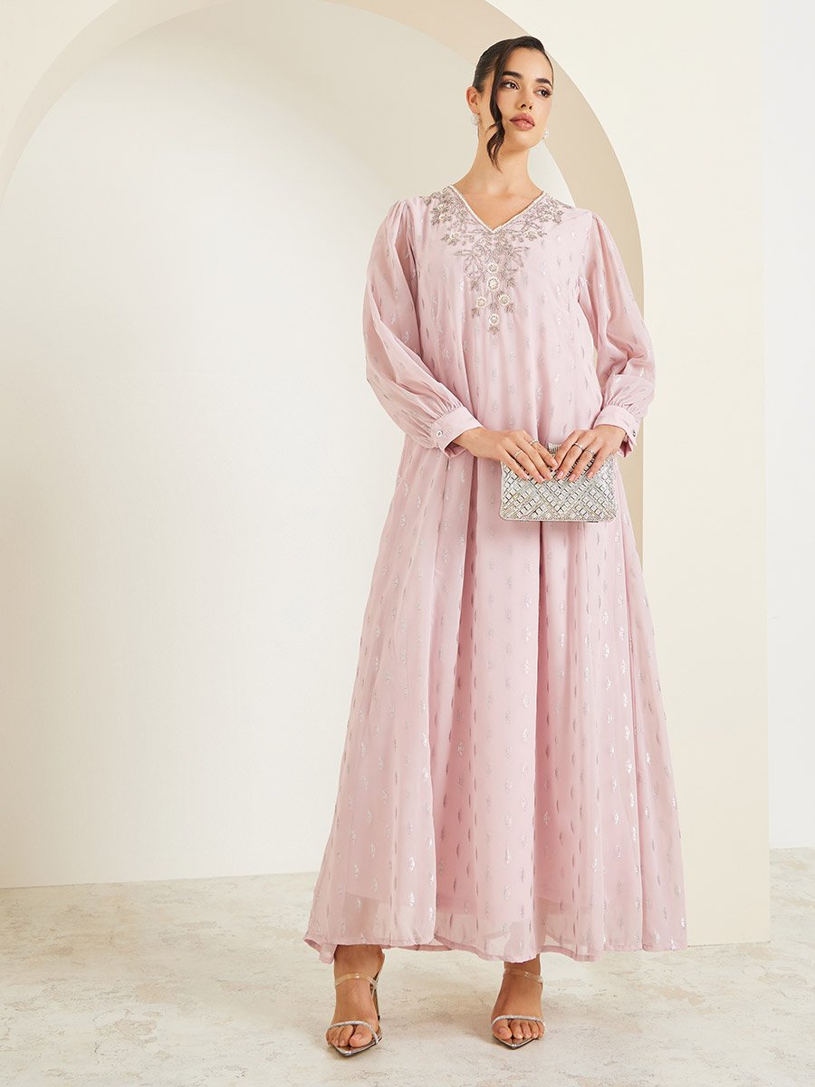 Dobby Balloon Sleeve V-Neck A-Line Maxi Dress