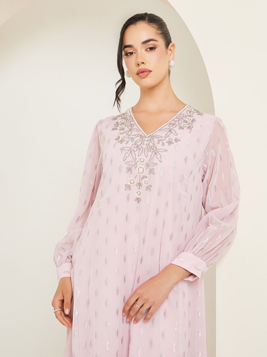 Dobby Balloon Sleeve V-Neck A-Line Maxi Dress