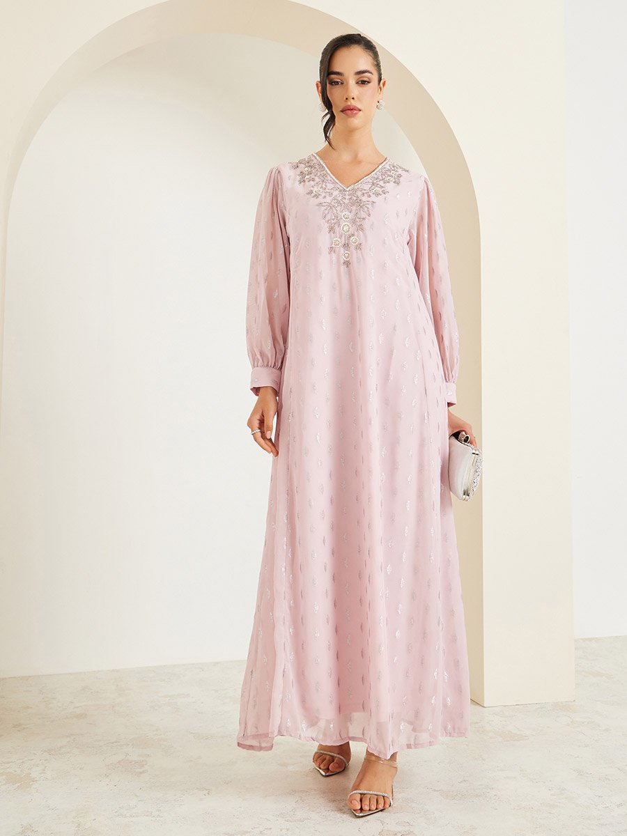 Dobby Balloon Sleeve V-Neck A-Line Maxi Dress