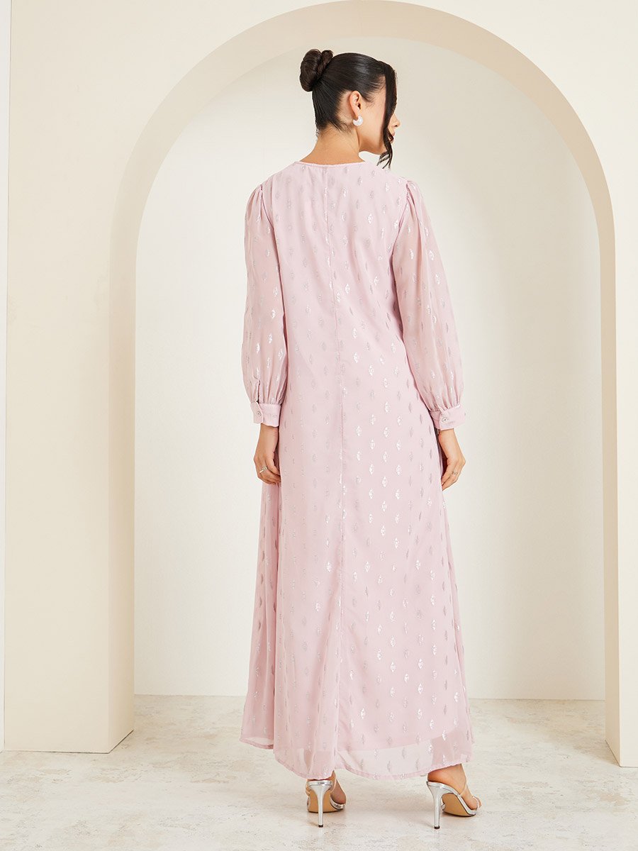 Dobby Balloon Sleeve V-Neck A-Line Maxi Dress