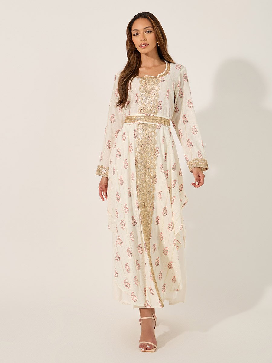 Printed Round Neck Lace Insert Belted Kaftan