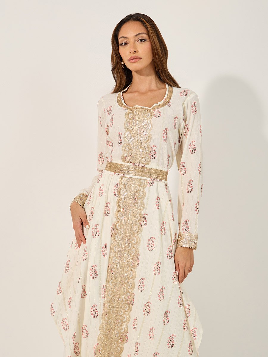Printed Round Neck Lace Insert Belted Kaftan