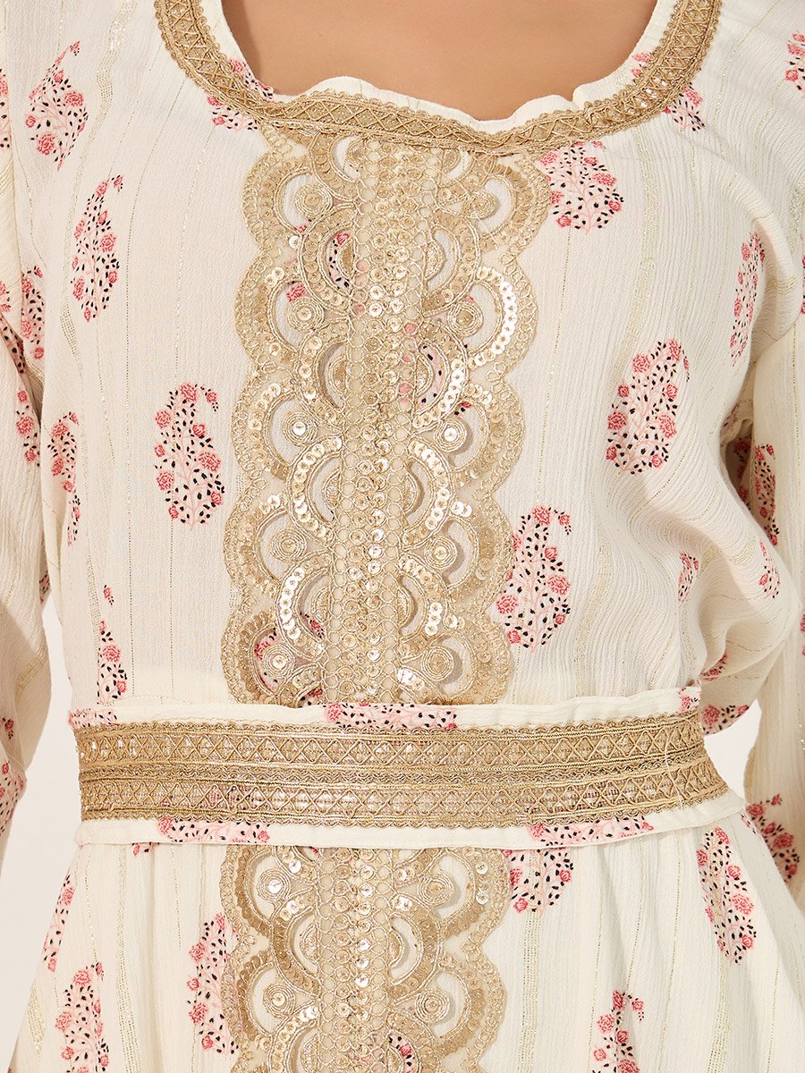 Printed Round Neck Lace Insert Belted Kaftan