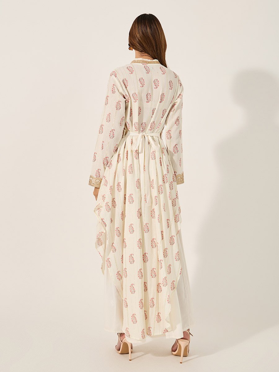 Printed Round Neck Lace Insert Belted Kaftan