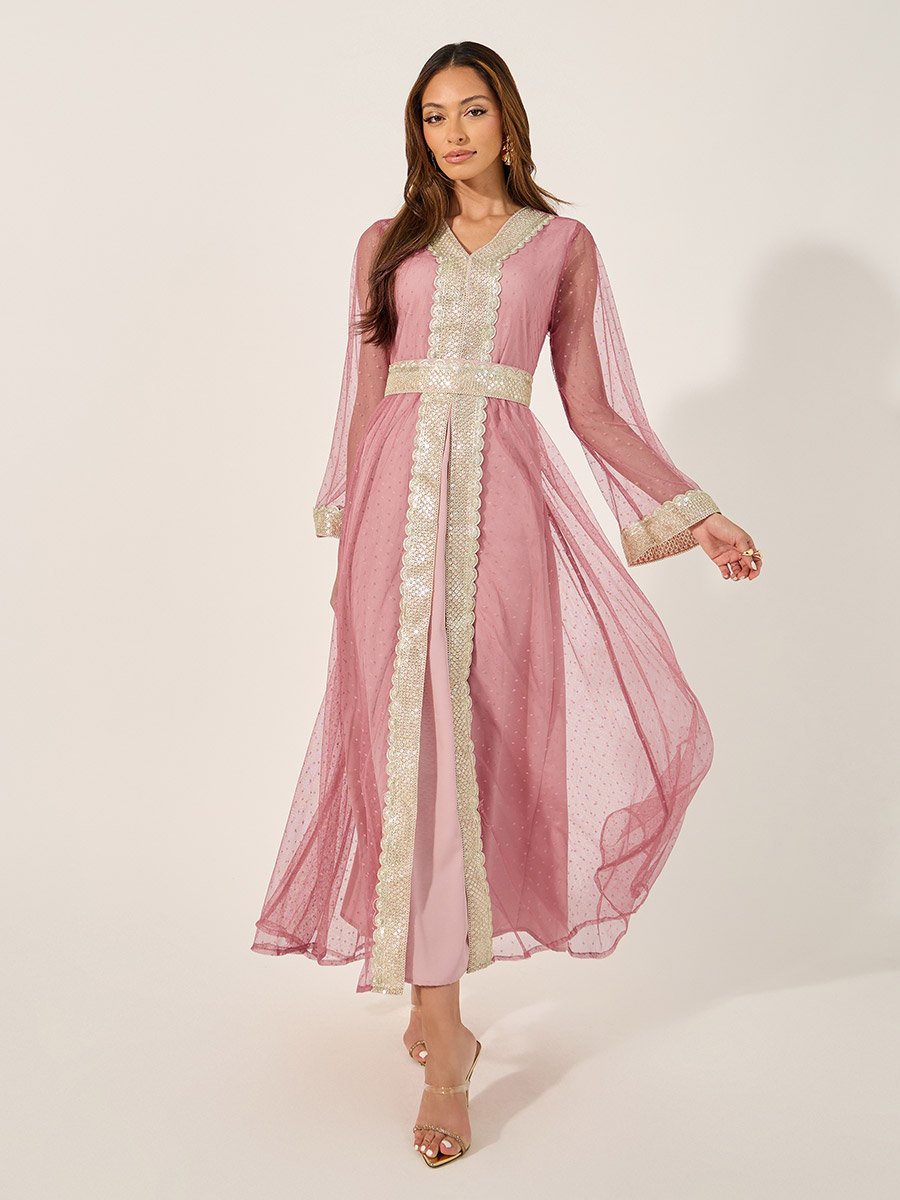 Lace Trim V-Neck A-Line Belted Kaftan with Inner Dress