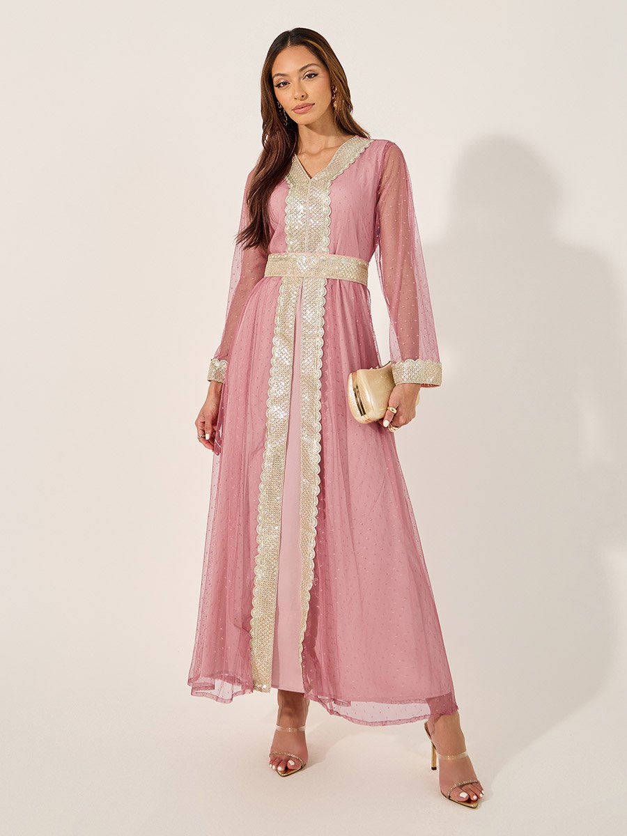 Lace Trim V-Neck A-Line Belted Kaftan with Inner Dress