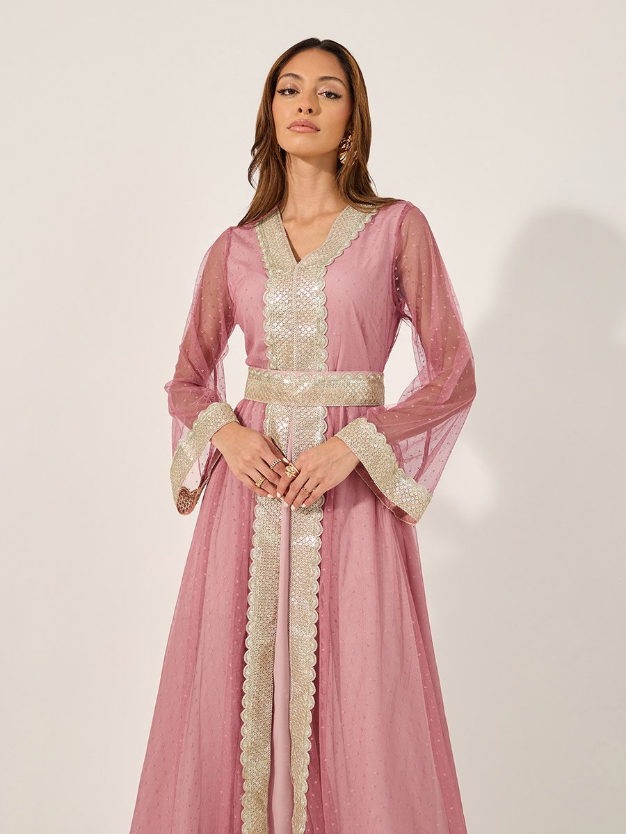 Lace Trim V-Neck A-Line Belted Kaftan with Inner Dress