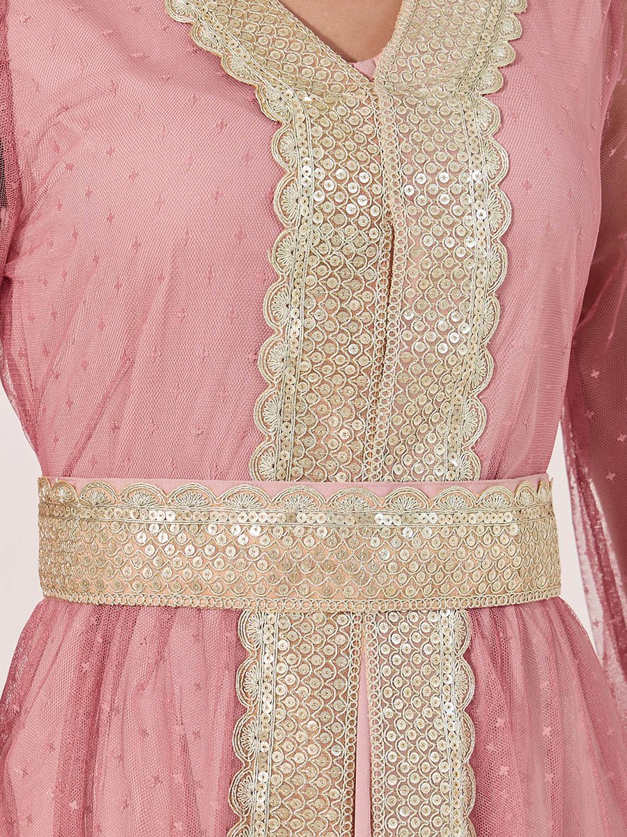 Lace Trim V-Neck A-Line Belted Kaftan with Inner Dress