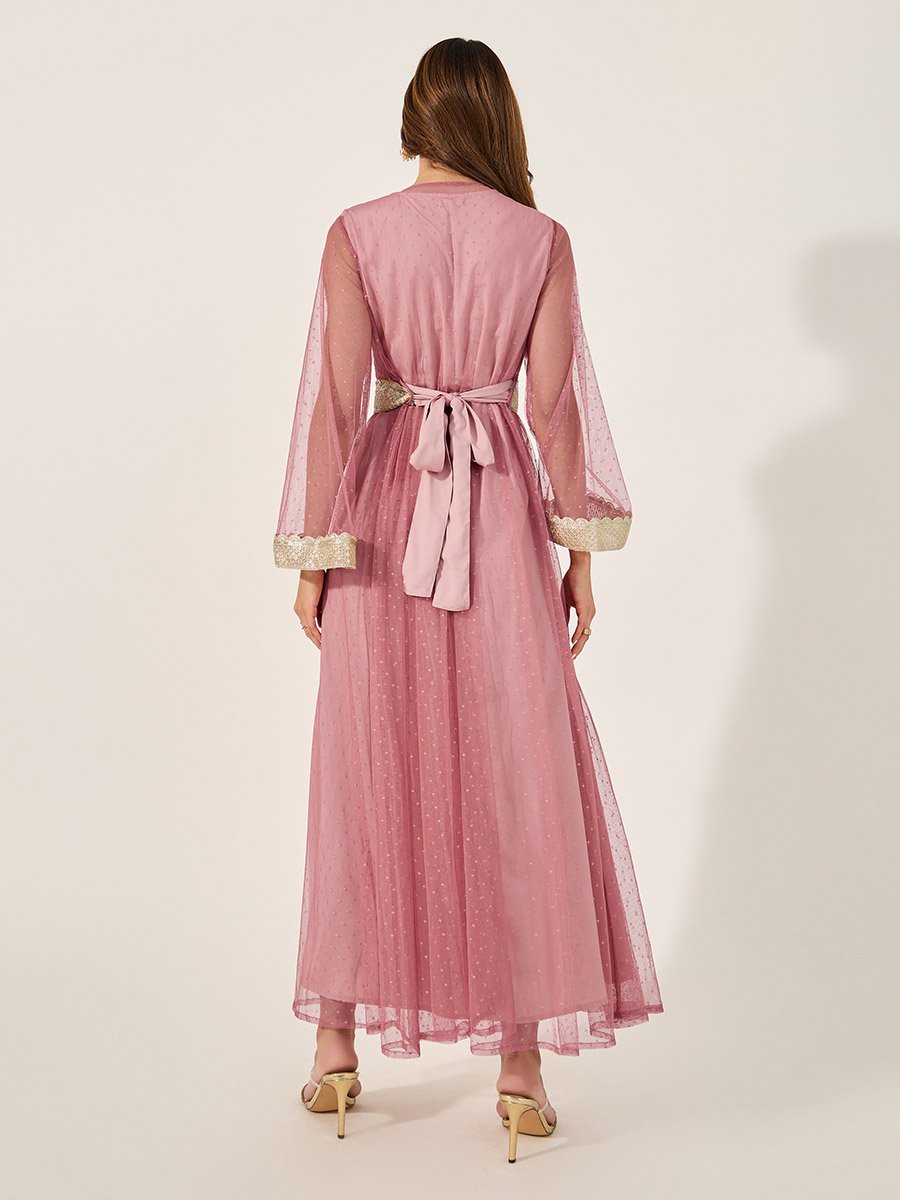 Lace Trim V-Neck A-Line Belted Kaftan with Inner Dress