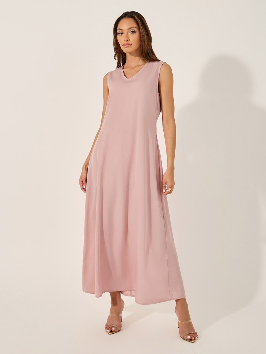 Lace Trim V-Neck A-Line Belted Kaftan with Inner Dress