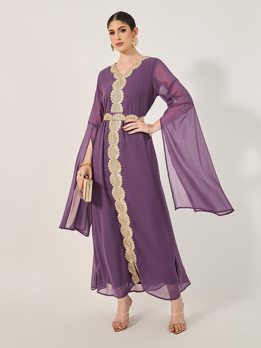 Lace Insert Cape Sleeve V-Neck A-Line Kaftan