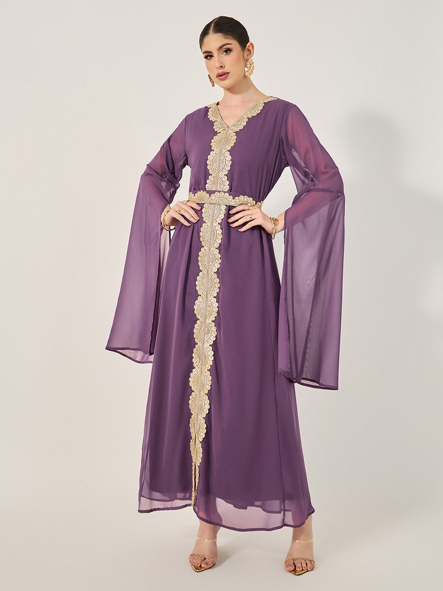 Lace Insert Cape Sleeve V-Neck A-Line Kaftan