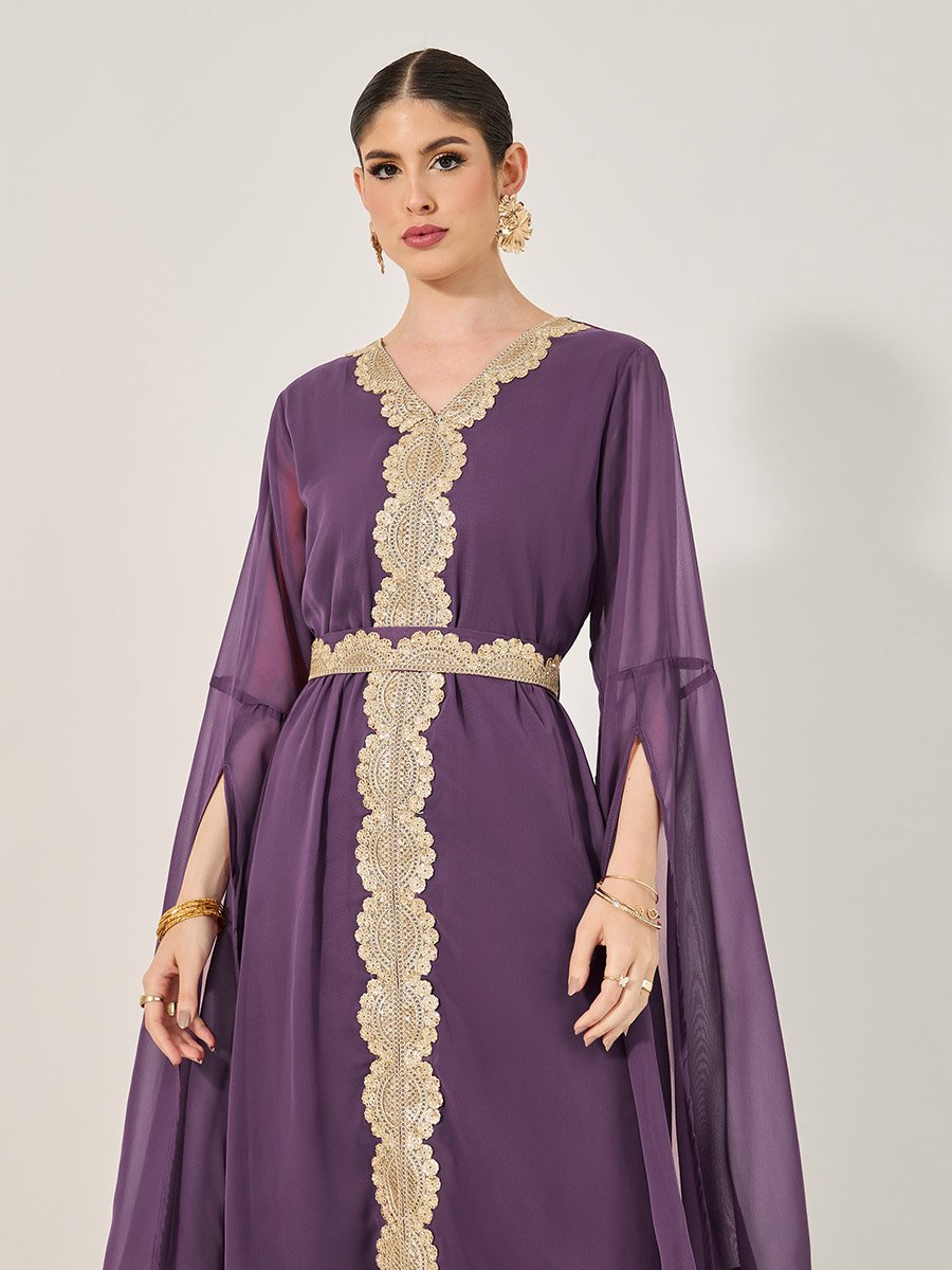 Lace Insert Cape Sleeve V-Neck A-Line Kaftan
