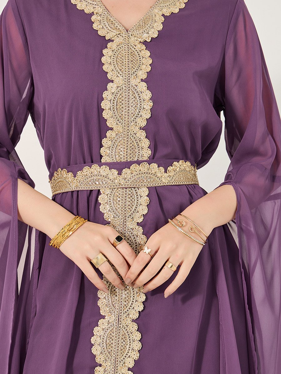 Lace Insert Cape Sleeve V-Neck A-Line Kaftan