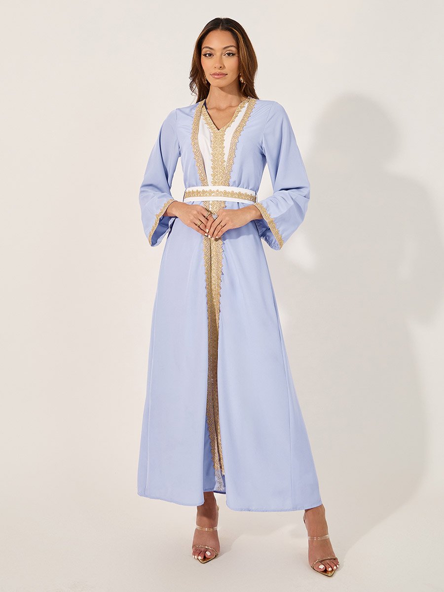 Mesh Insert V-Neck Lace Detail Belted Kaftan