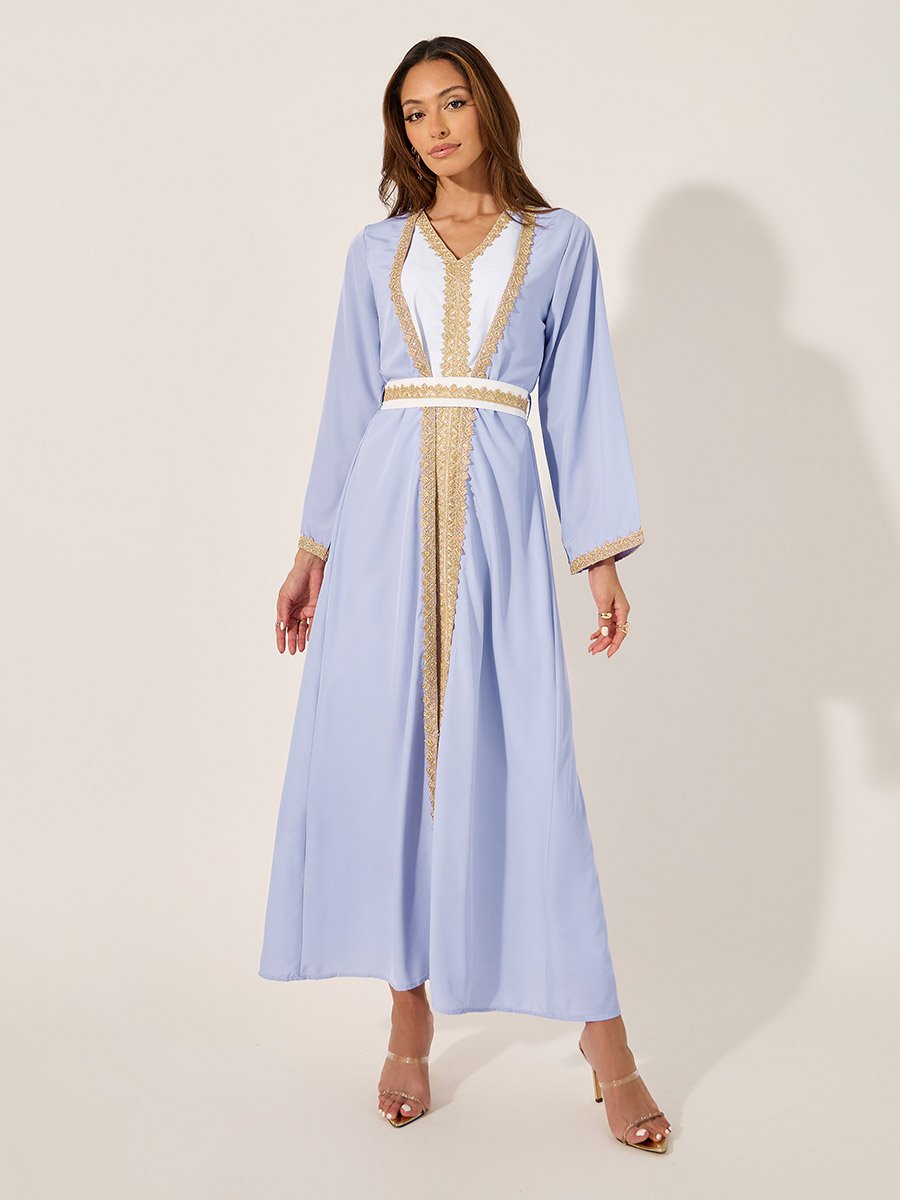 Mesh Insert V-Neck Lace Detail Belted Kaftan
