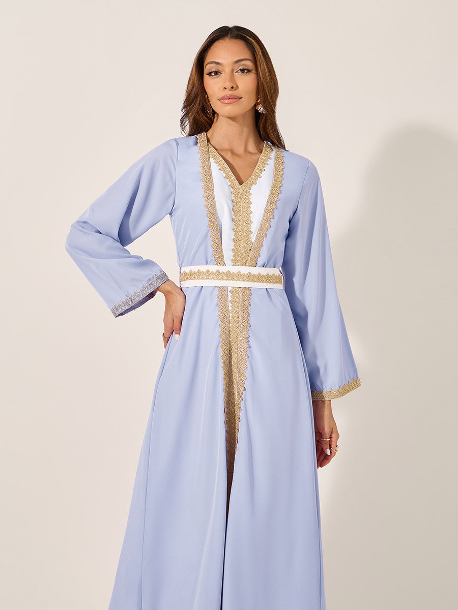Mesh Insert V-Neck Lace Detail Belted Kaftan