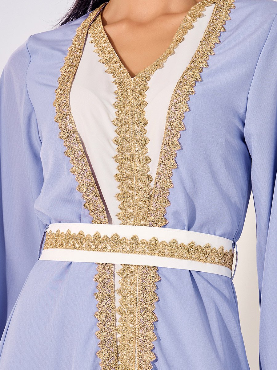 Mesh Insert V-Neck Lace Detail Belted Kaftan