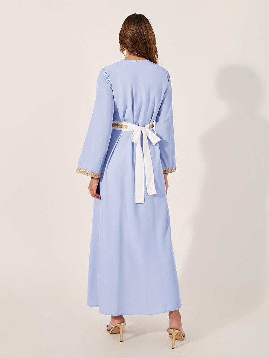 Mesh Insert V-Neck Lace Detail Belted Kaftan