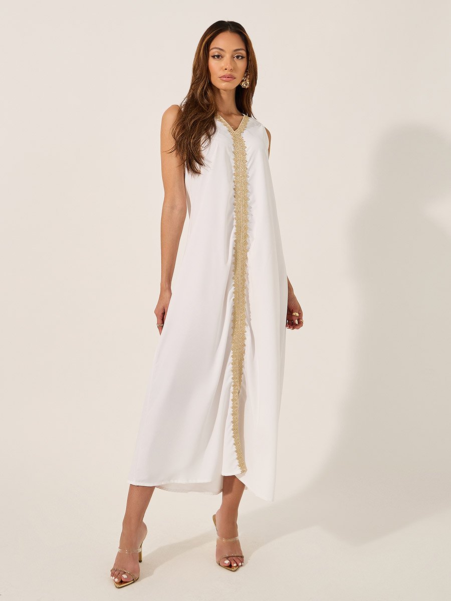 Mesh Insert V-Neck Lace Detail Belted Kaftan