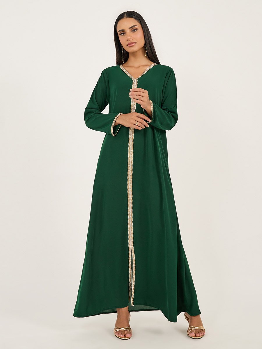Embroidered Lace Trim V Neck Kaftan