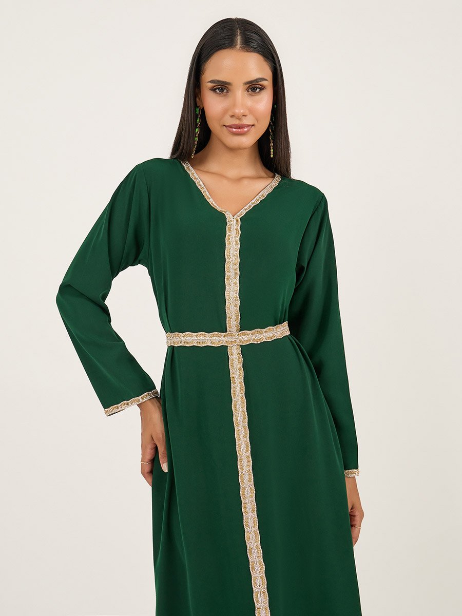 Embroidered Lace Trim V Neck Kaftan